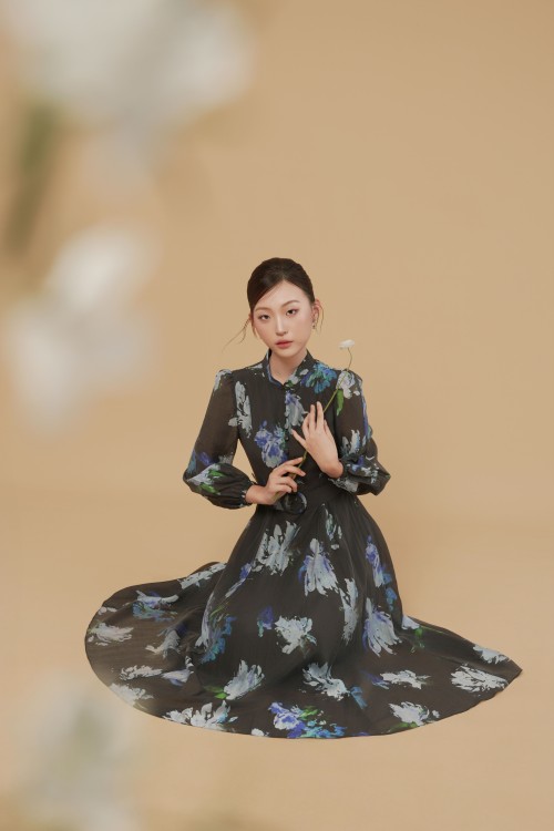 Sixdo Blue & Black Organza Flared Dress